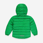 A green waterproof puffer jacket, seen from the back, featuring a hood. The jacket is padded and has horizontal stitching.